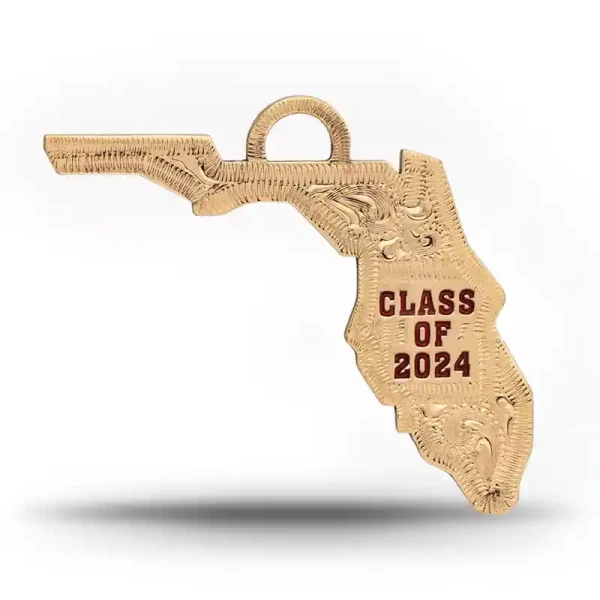A custom silver tassel charm for 2024 graduates, designed for memorial caps, featuring a Florida State Shape